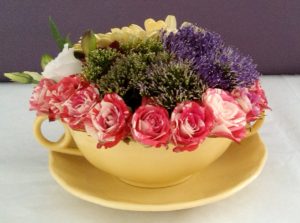 Soup bowl rose arrangement by Shrinking Violet